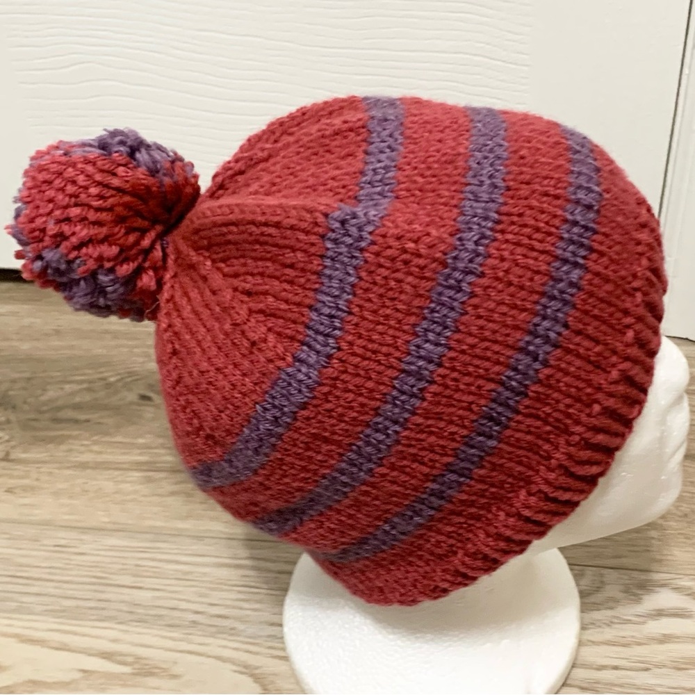 Hand Knit Pom Beanie Hat Homemade NEW OSFM Adult Larger Size MENS Striped